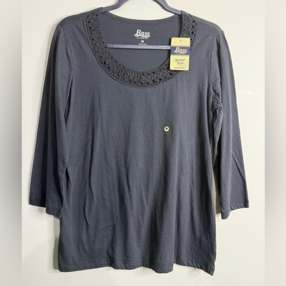 Bass Heritage Knits three-quarter sleeve top with a crochet neckline